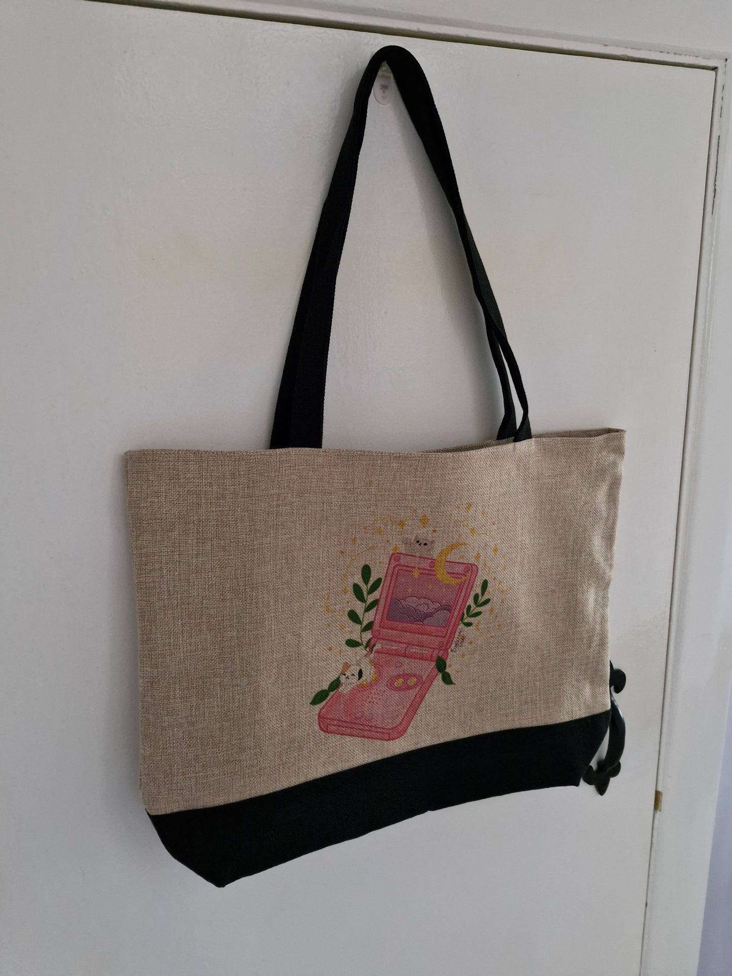 SP, Cats and Constellations - Retro Gaming Nostalgia - Premium Natural Linen Shopper Tote Bag