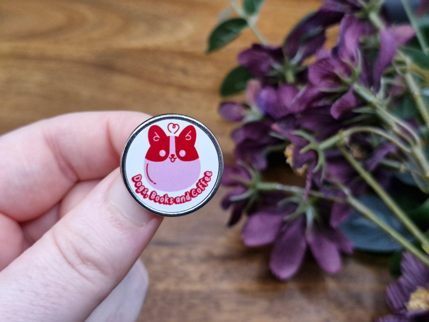 Dogs, books and coffee - Round Metal Pin Badge