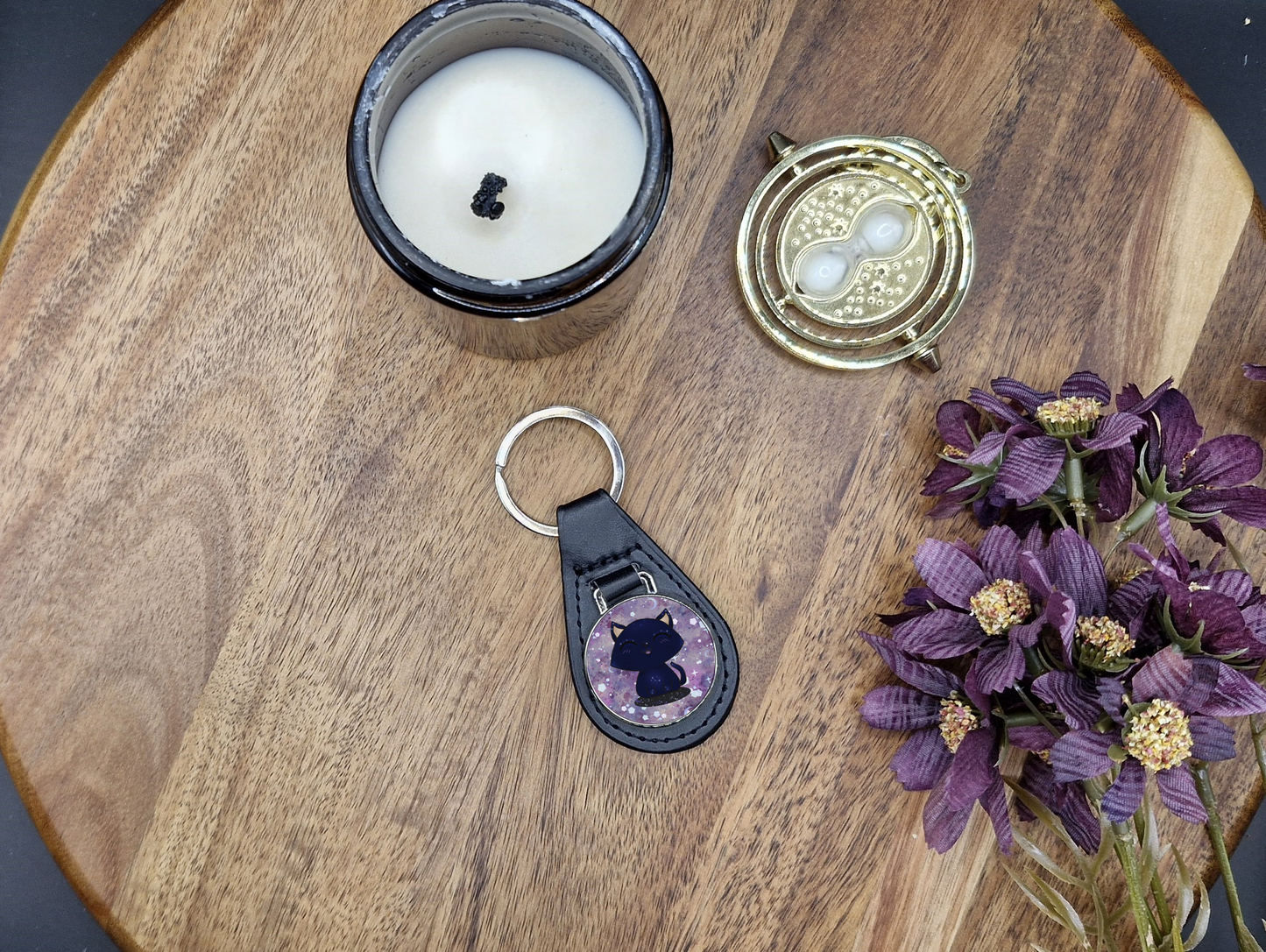 Galaxy cat happy closed eyes blushing - PU Vegan Leather Round Metal Key Ring