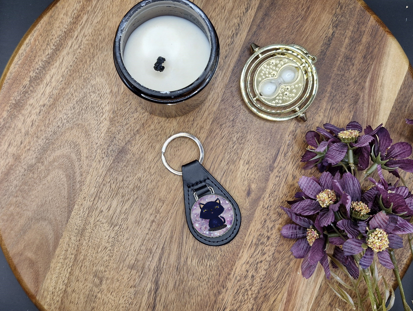 Galaxy cat happy soft eyes blushing - PU Vegan Leather Round Metal Key Ring