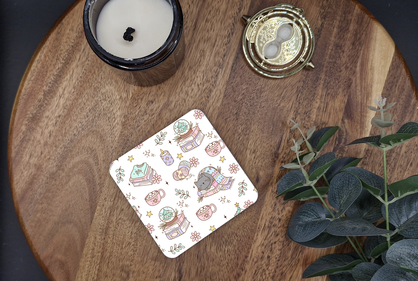 Hard Coaster 8.9cmx8.9cm (Pastel Bookish Christmas doodles ver)