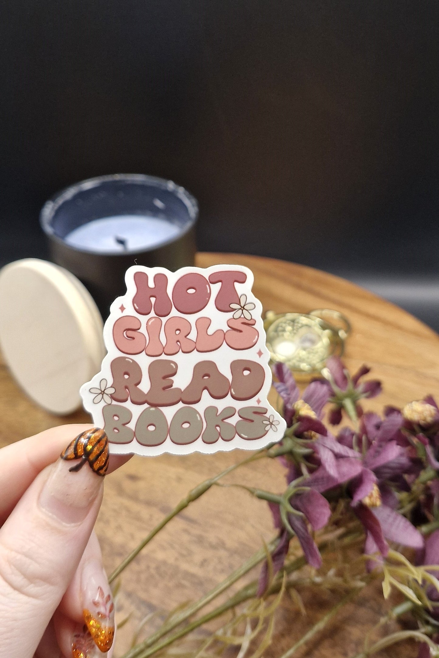 Sticker (hot girls read books - retro font and flowers [cottage core colour pallet] ver)