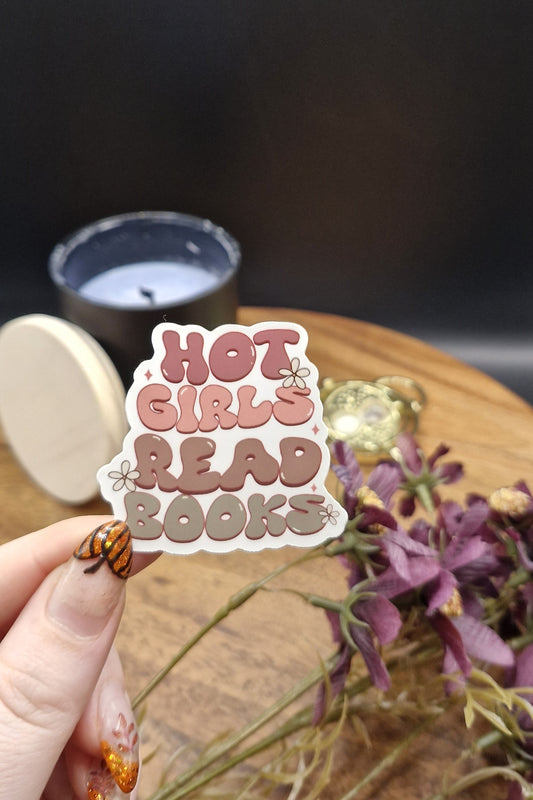 Sticker (hot girls read books - retro font and flowers [cottage core colour pallet] ver)