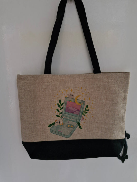 SP, Cats and Constellations - Retro Gaming Nostalgia - Premium Natural Linen Shopper Tote Bag
