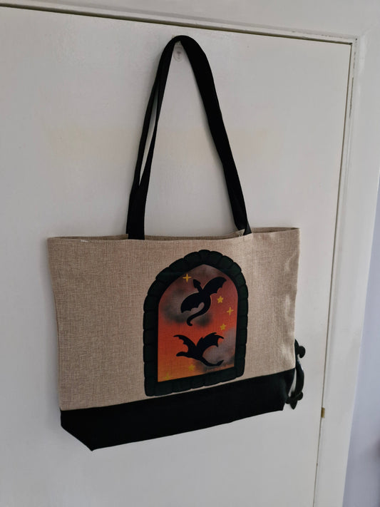 Dragons at sunset, through a castle window - Bookish dragon tote - Premium Natural Linen Shopper Tote Bag