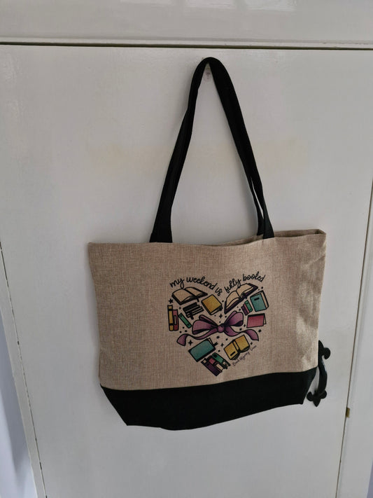 My weekend is fully booked, Heart of books - Bookish tote - Premium Natural Linen Shopper Tote Bag