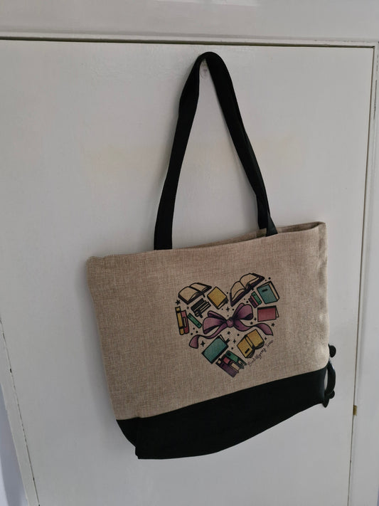 Heart of Books - Bookish tote - Premium Natural Linen Shopper Tote Bag