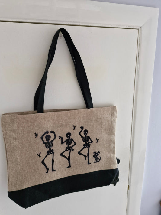 Dancing Skeletons - Hand Sewn Patch - Premium Natural Linen Shopper Tote Bag