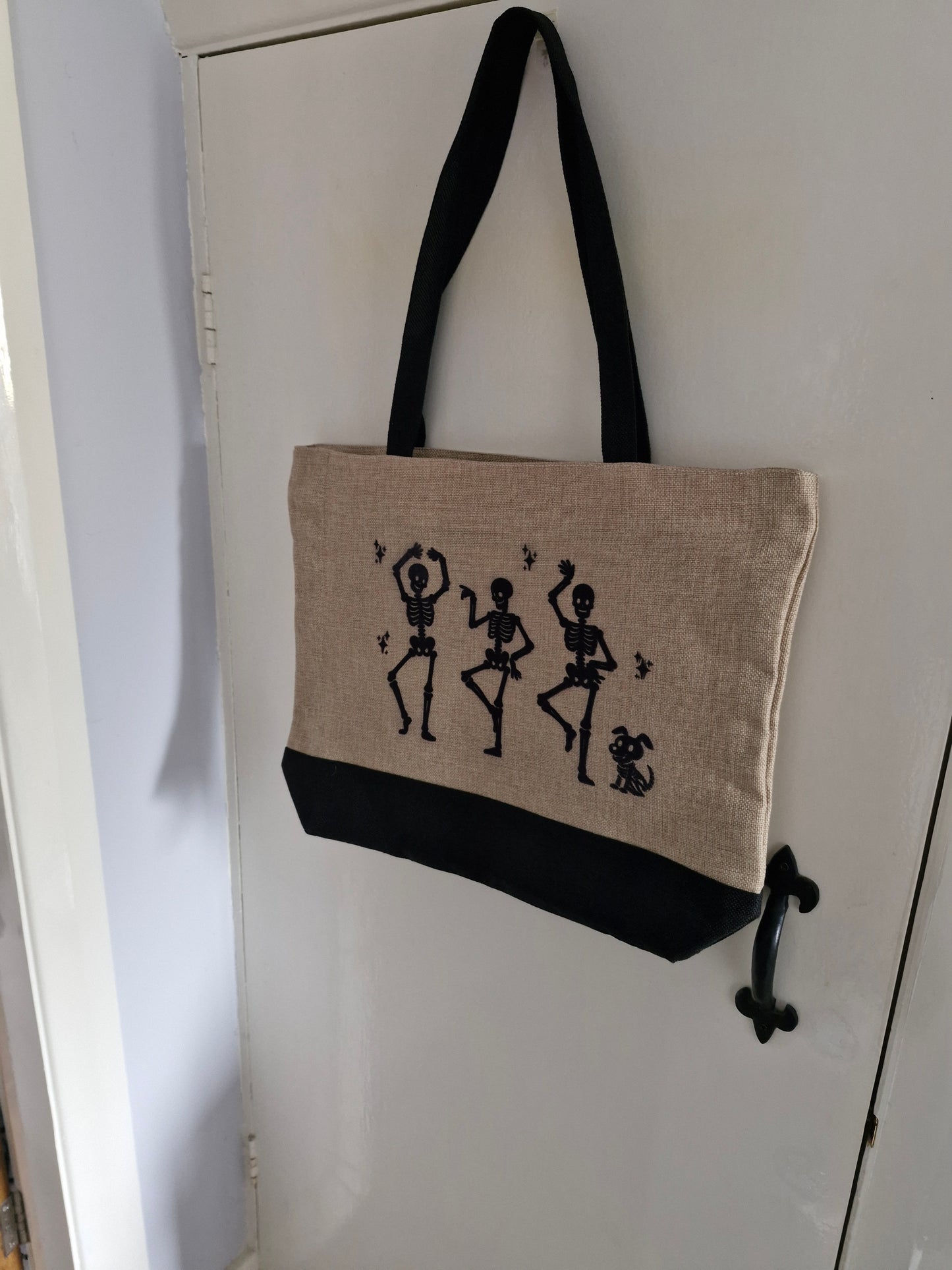 Dancing Skeletons - Hand Sewn Patch - Premium Natural Linen Shopper Tote Bag