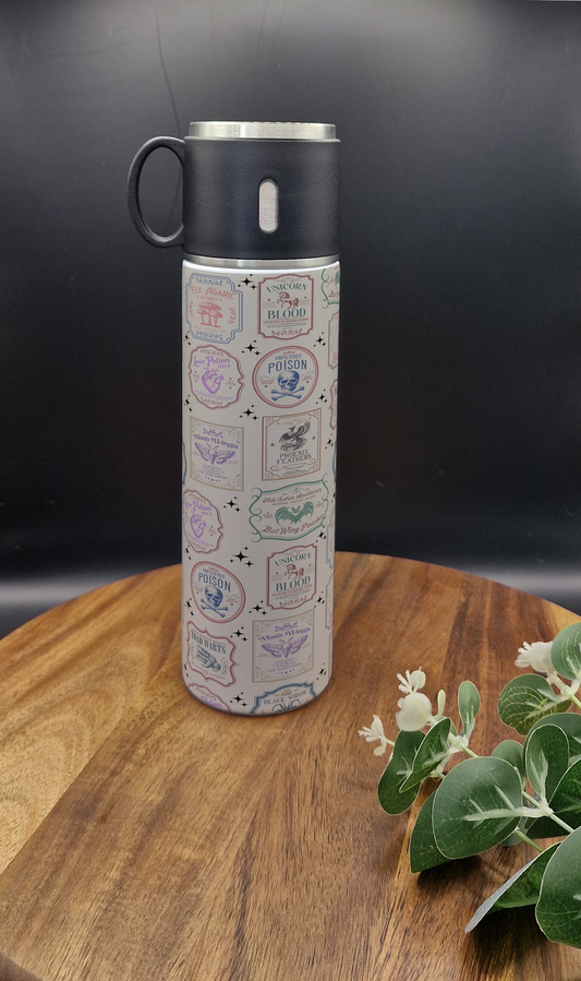 500ml Stainless Steel Thermos Bottle and Cup (Apothecary labels, potions, gothic ver)