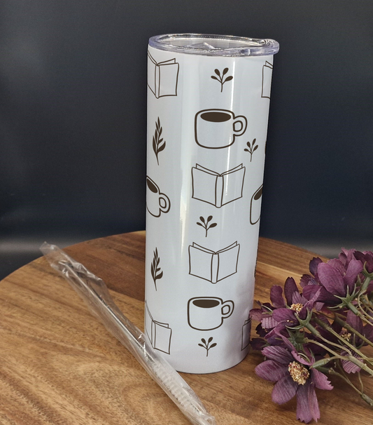 20oz Stainless Steel Tumbler (Rainbow Holographic Effect) Books and coffee ver