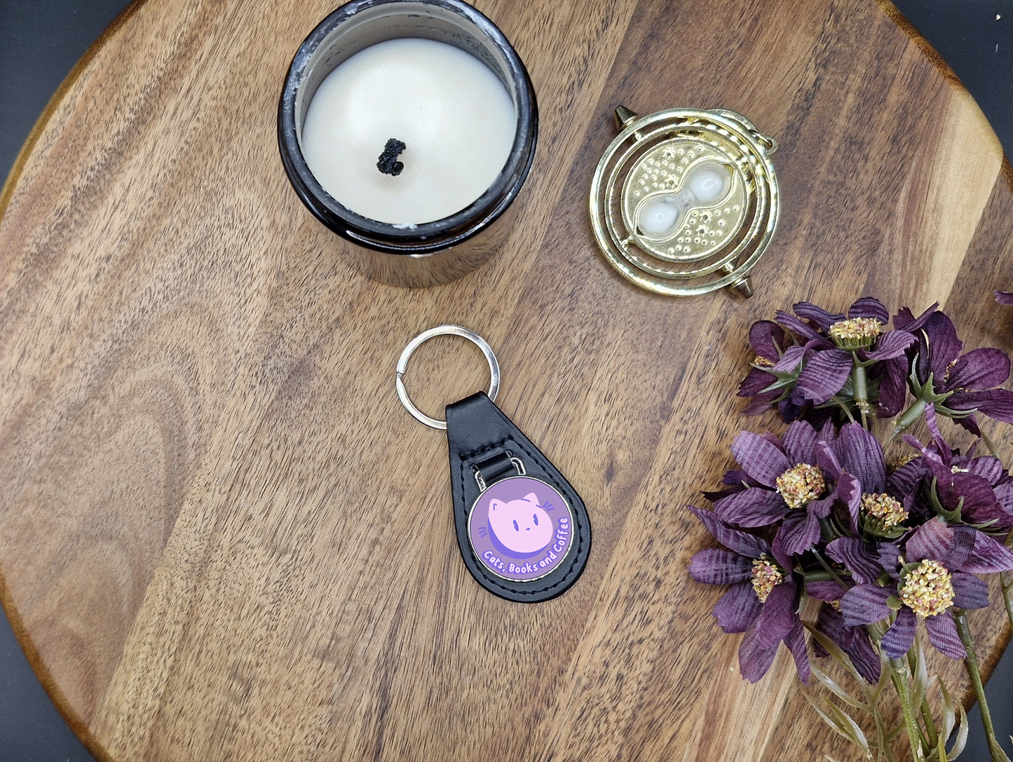 PU Vegan Leather Round Metal Key Ring (Cats, books and coffee ver)