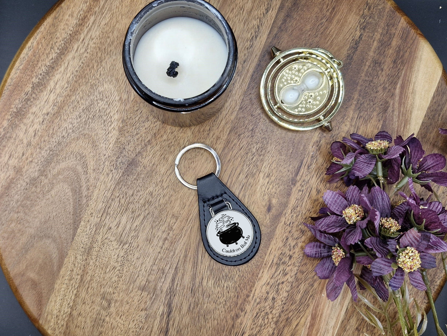 PU Vegan Leather Round Metal Key Ring (Cauldron boil me ver)