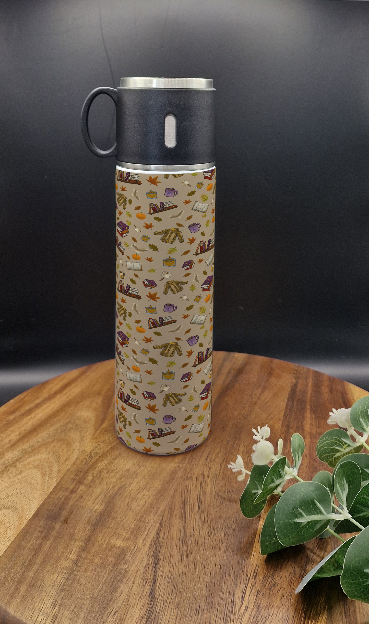 500ml Stainless Steel Thermos Bottle and Cup (Cosy Autumn, Bookish ver)