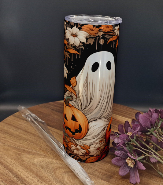 20oz Stainless Steel Tumbler (Rainbow Holographic Effect) Ghosts and pumpkins ver