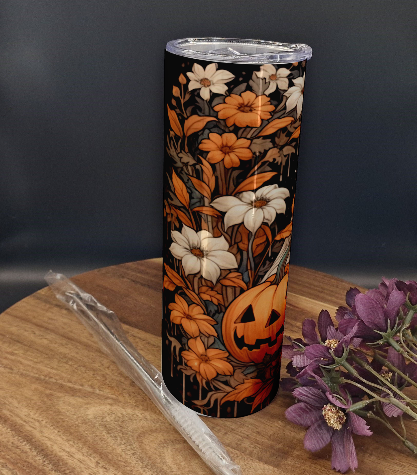 20oz Stainless Steel Tumbler (Rainbow Holographic Effect) Ghosts and pumpkins ver