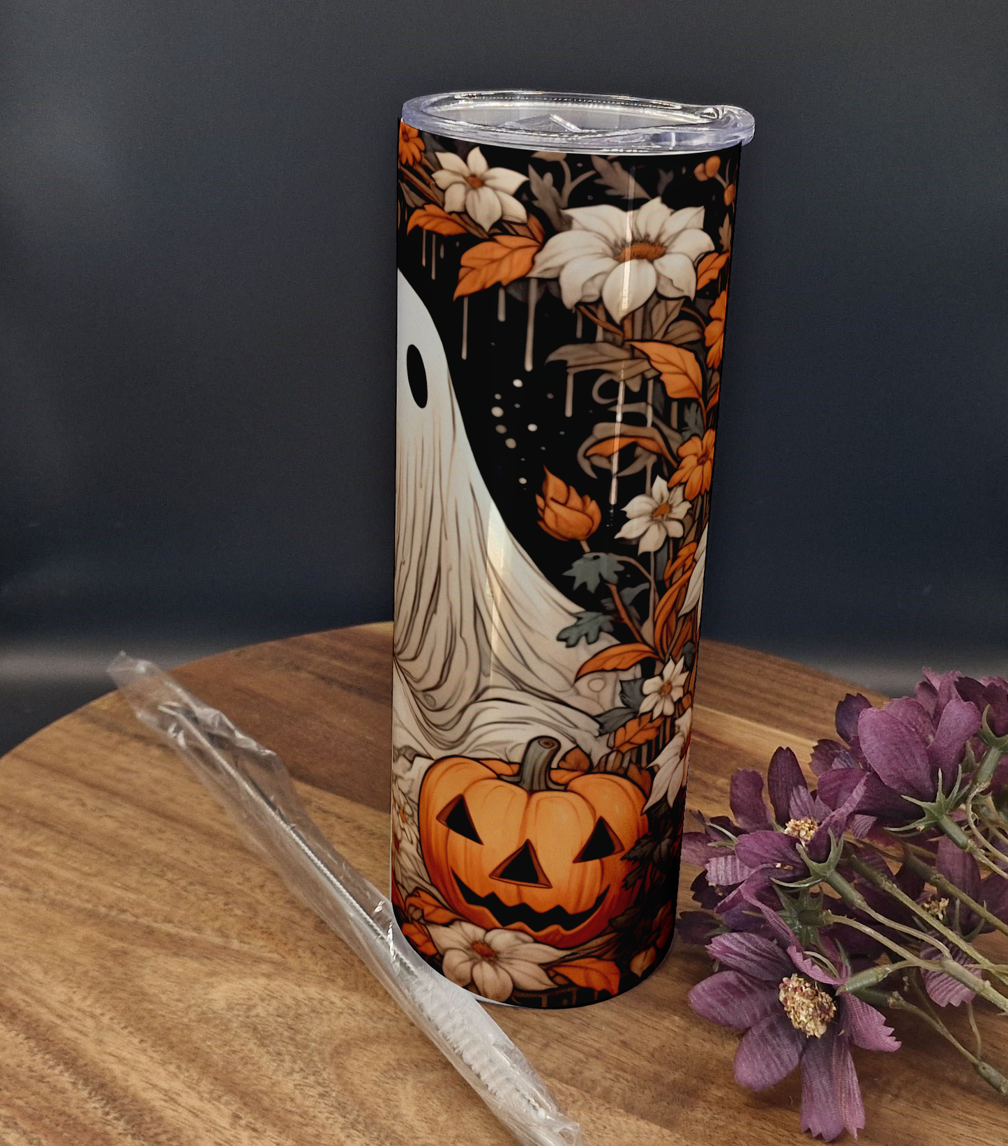 20oz Stainless Steel Tumbler (Rainbow Holographic Effect) Ghosts and pumpkins ver