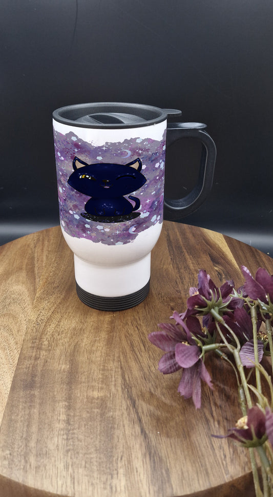 14oz Stainless Steel Thermos Mug with Black Handle (Galaxy cat wink ver)