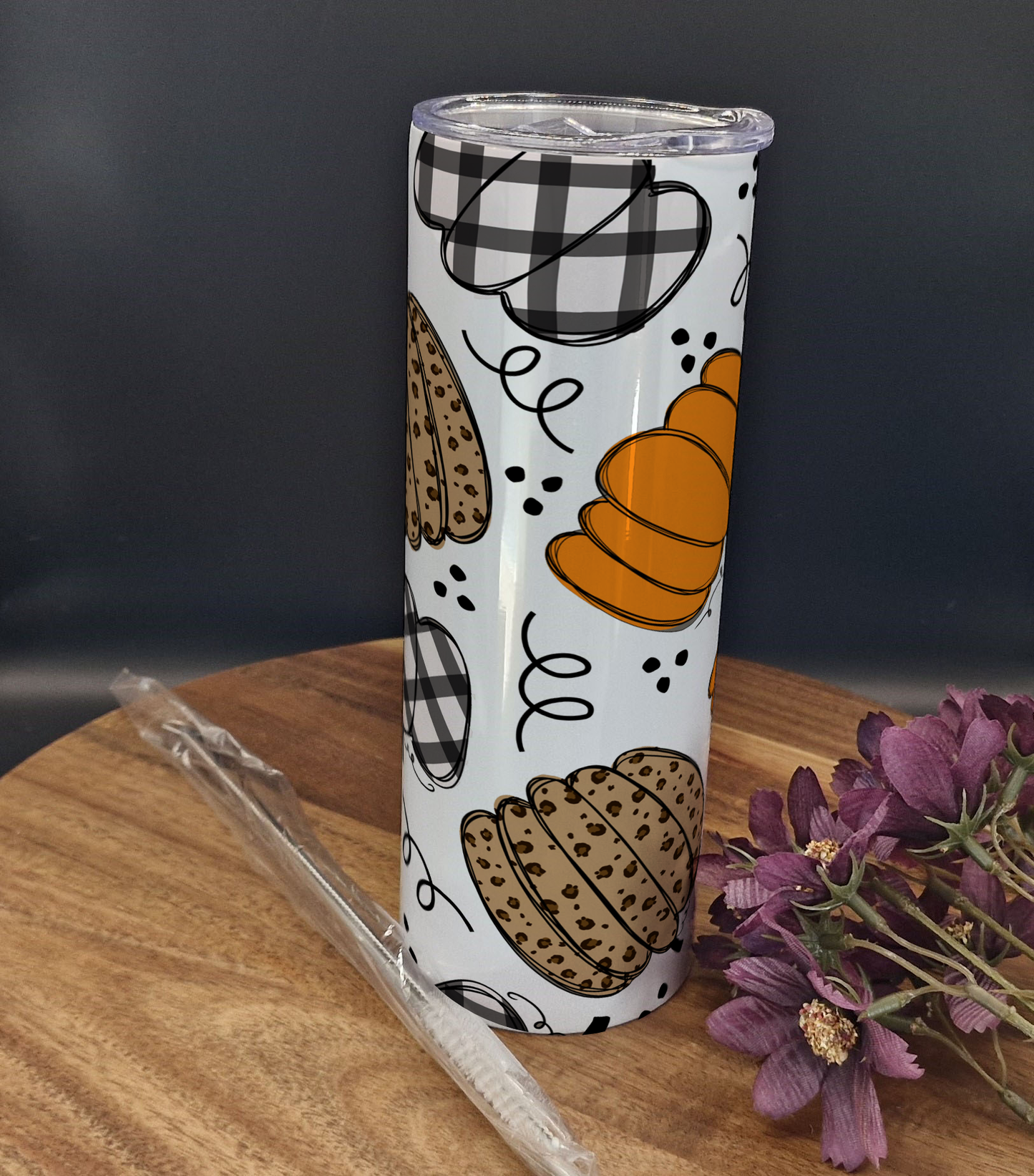 20oz Stainless Steel Tumbler (Rainbow Holographic Effect) Plaid and Patterned Pumpkins ver