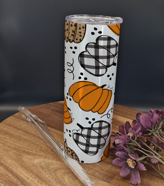 20oz Stainless Steel Tumbler (Rainbow Holographic Effect) Plaid and Patterned Pumpkins ver