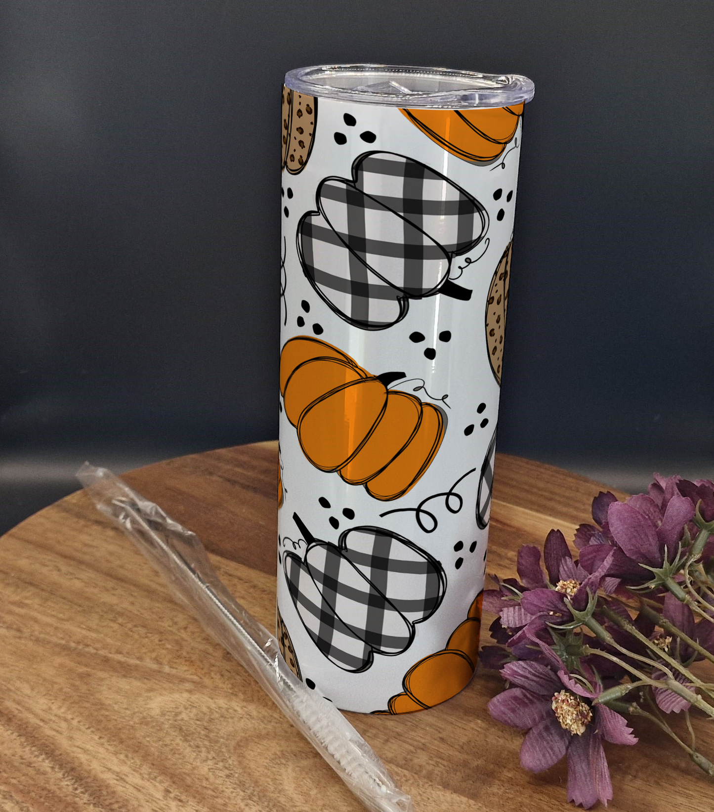 20oz Stainless Steel Tumbler (Rainbow Holographic Effect) Plaid and Patterned Pumpkins ver