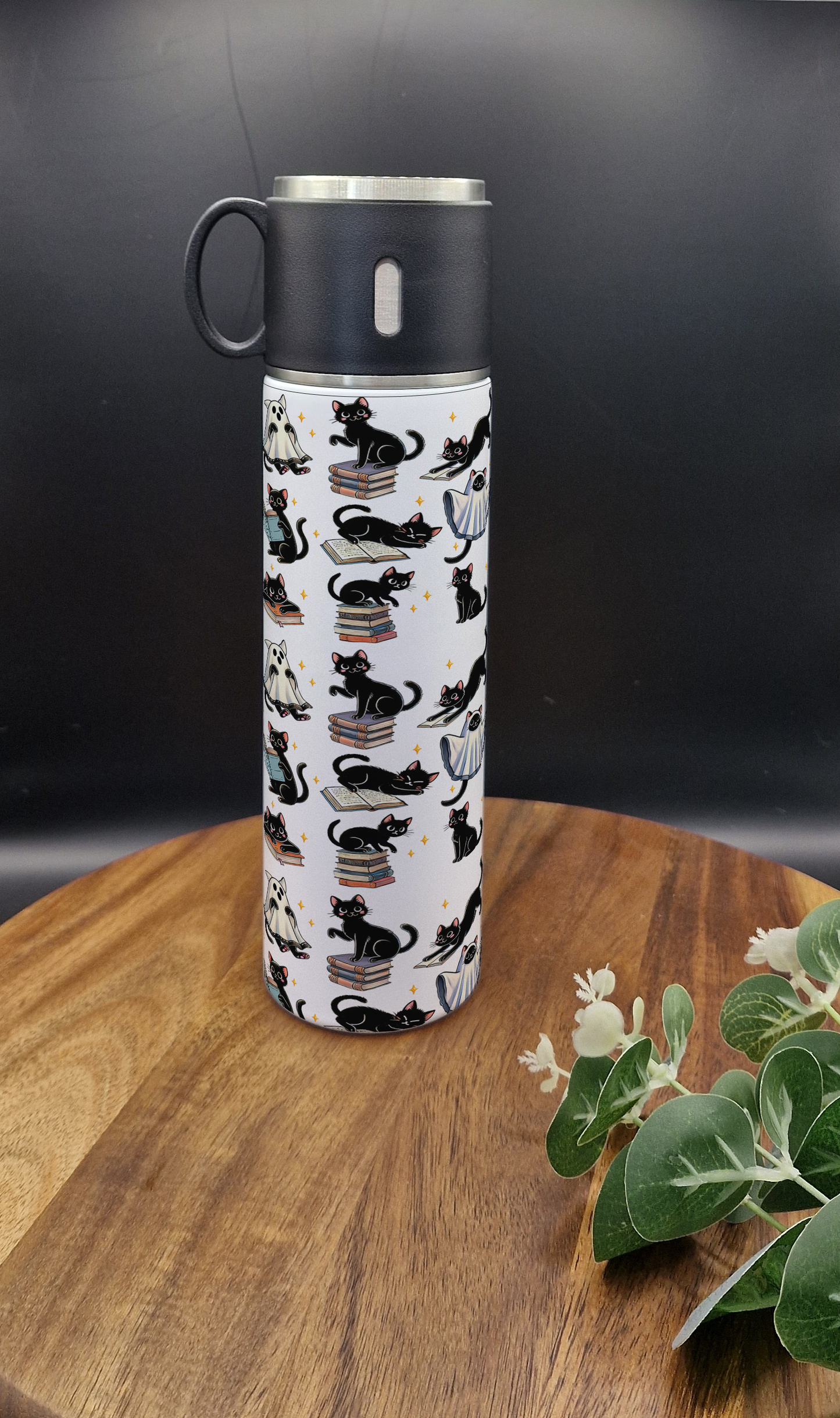 500ml Stainless Steel Thermos Bottle and Cup (Spooky Black Cat, Ghost Cat ver)