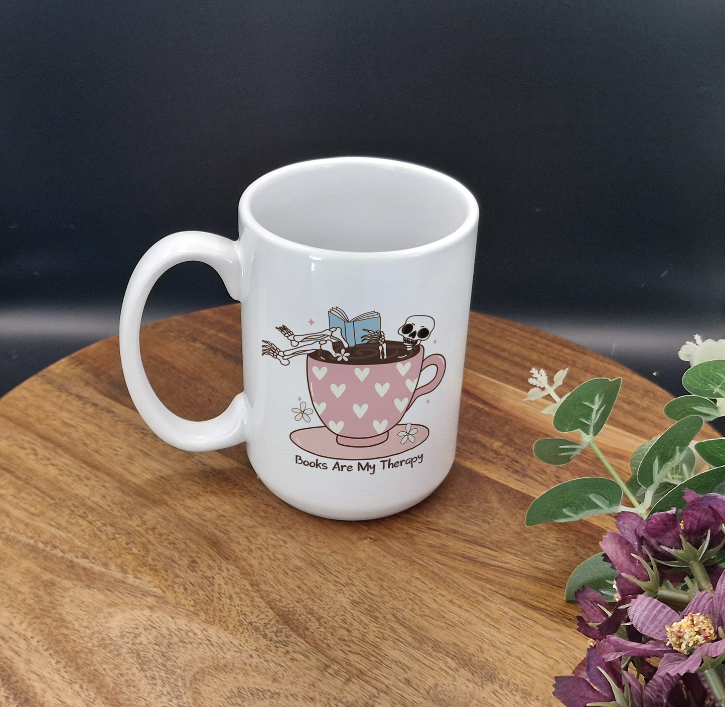 15oz Ceramic Mug (Books are my therapy skeleton ver)