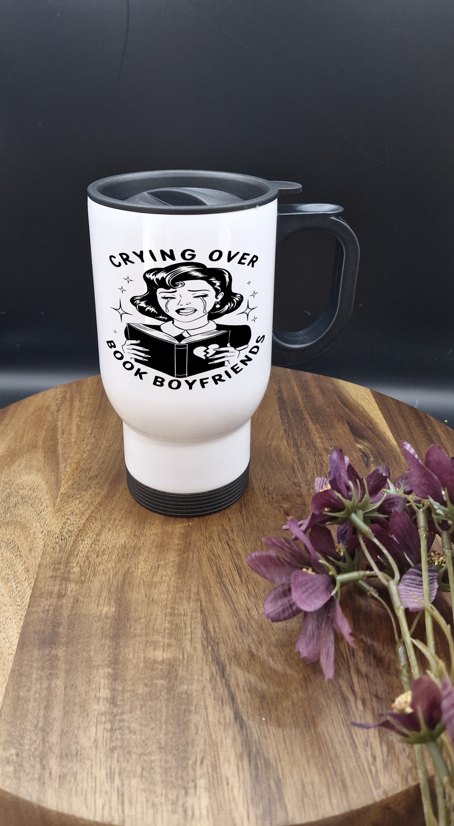 14oz Stainless Steel Thermos Mug with Black Handle (Crying over book boyfriends- black ver)