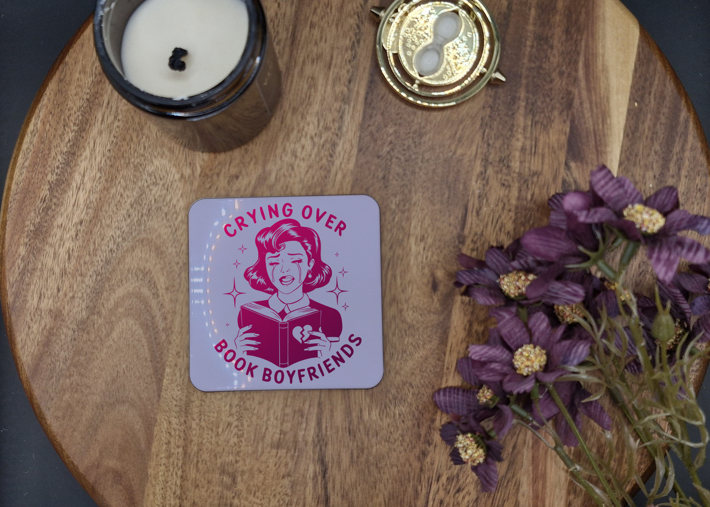 Hard Coaster 8.9cmx8.9cm (Crying over book boyfriends pink ver)