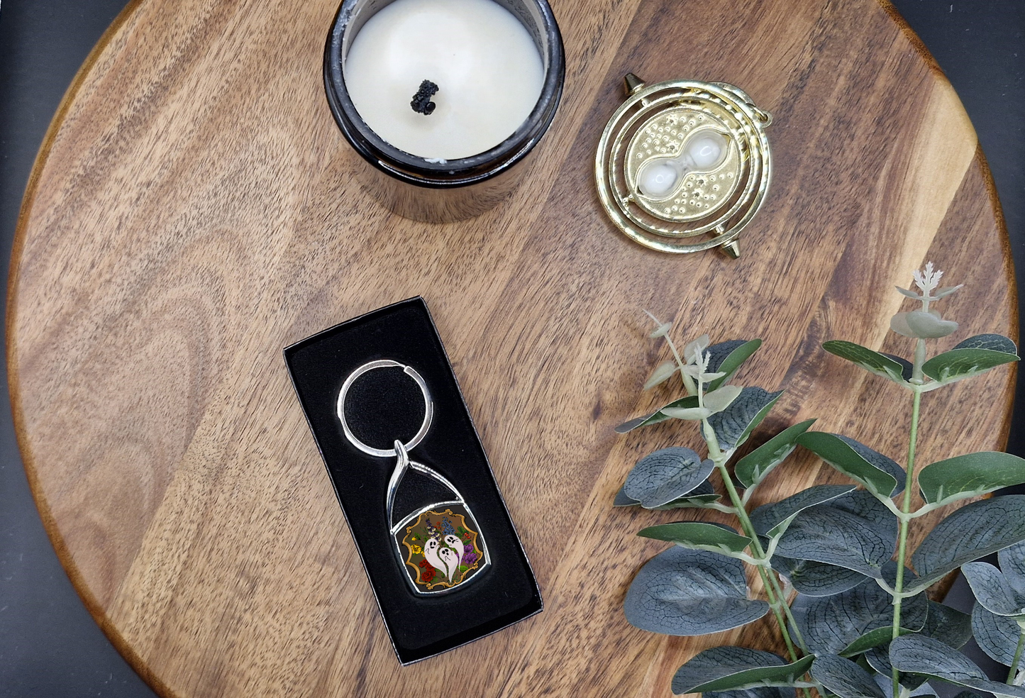 Swirl Top Metal Key Ring (Floral Ghosts in frame, oil painting ver)