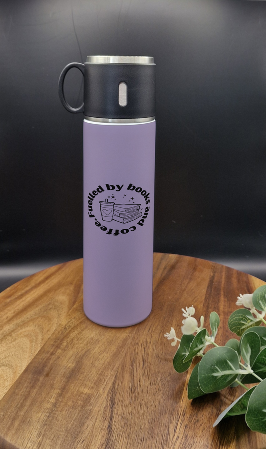 500ml Stainless Steel Thermos Bottle and Cup (Fueled by books and coffee ver)