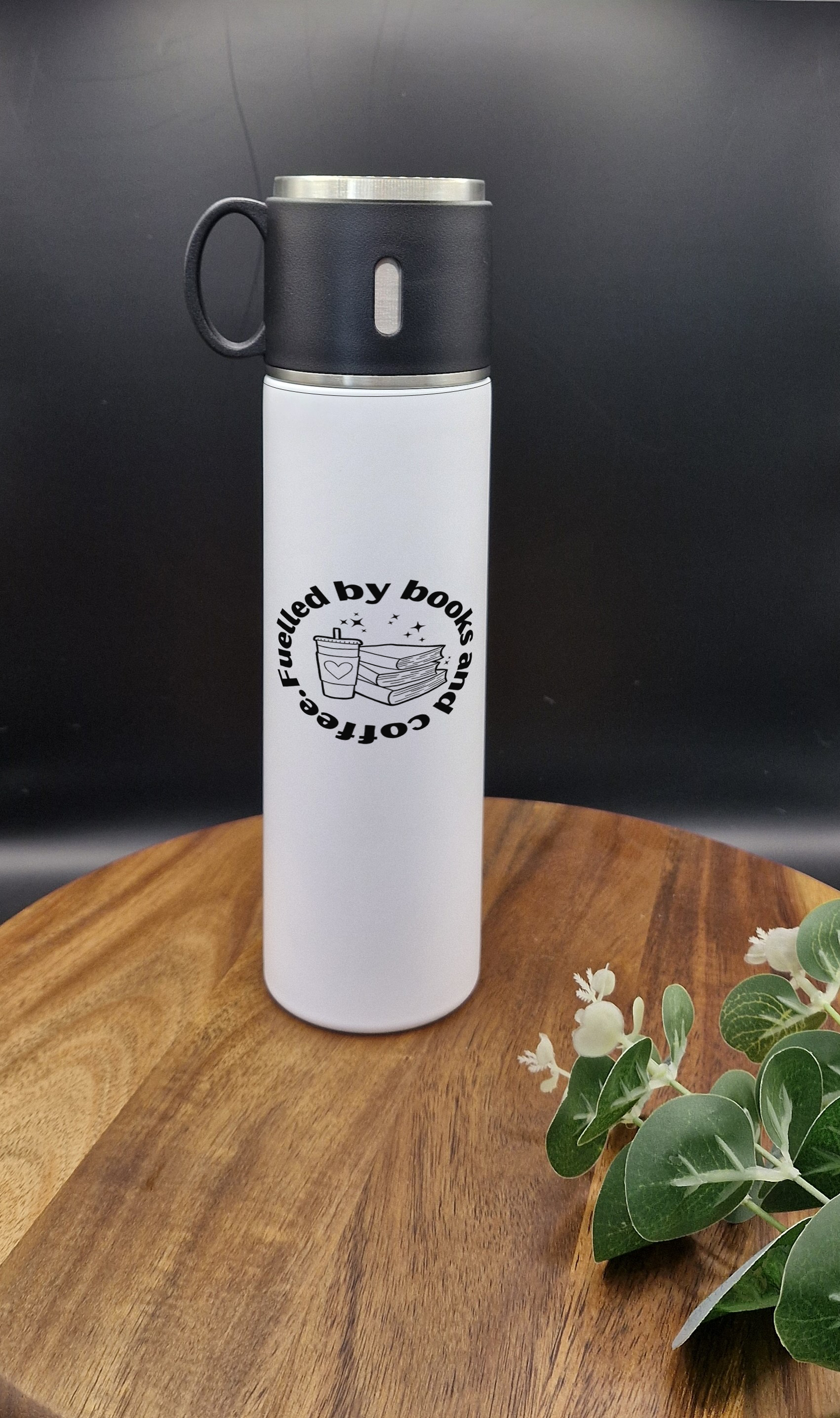 500ml Stainless Steel Thermos Bottle and Cup (Fueled by books and coffee ver)