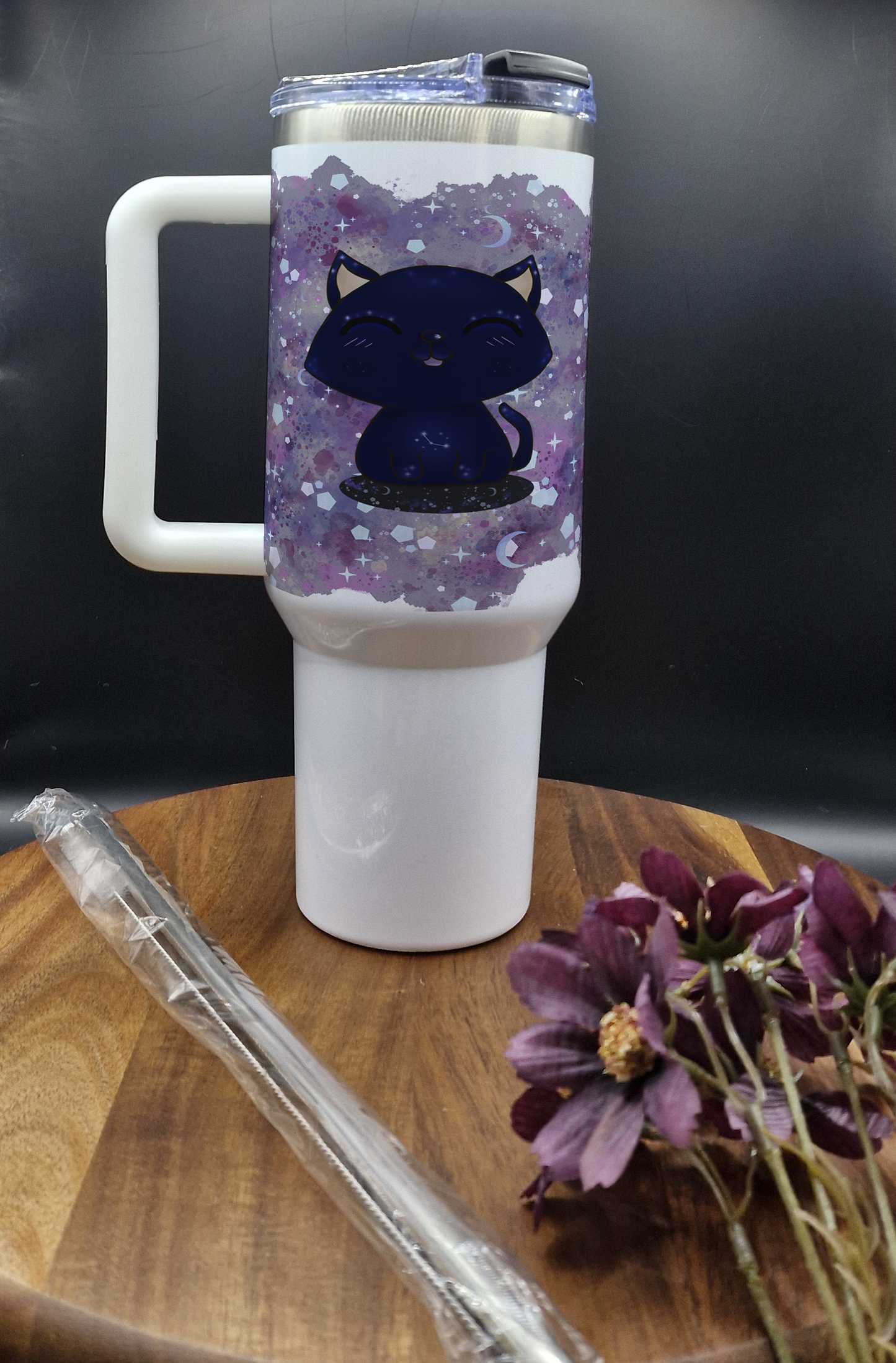 40oz Stanley Style Travel Mug (Galaxy cat smile eyes closed ver)