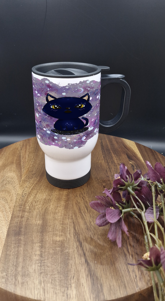 14oz Stainless Steel Thermos Mug with Black Handle (Galaxy cat surprised ver)