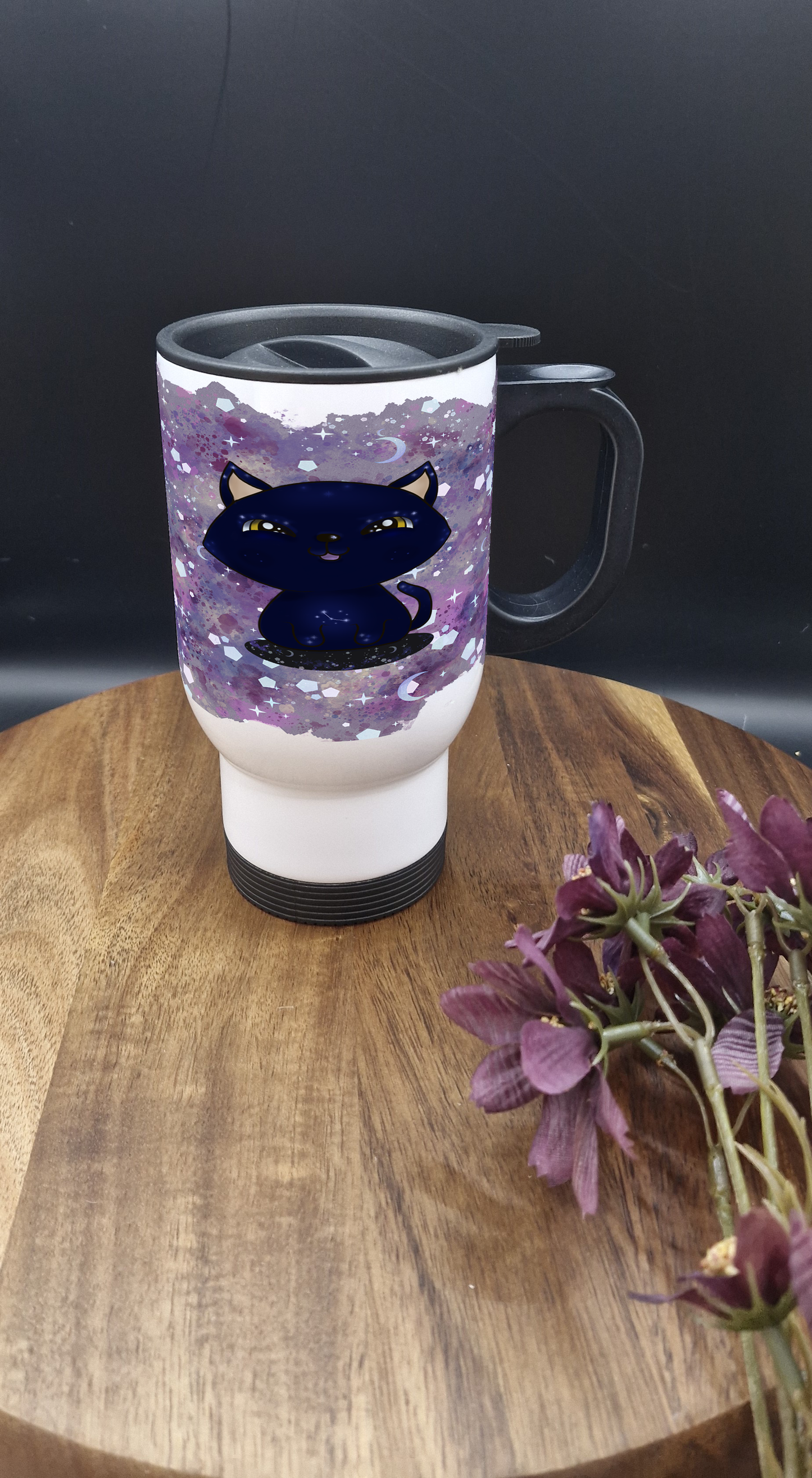 14oz Stainless Steel Thermos Mug with Black Handle (Galaxy cat happy ver)