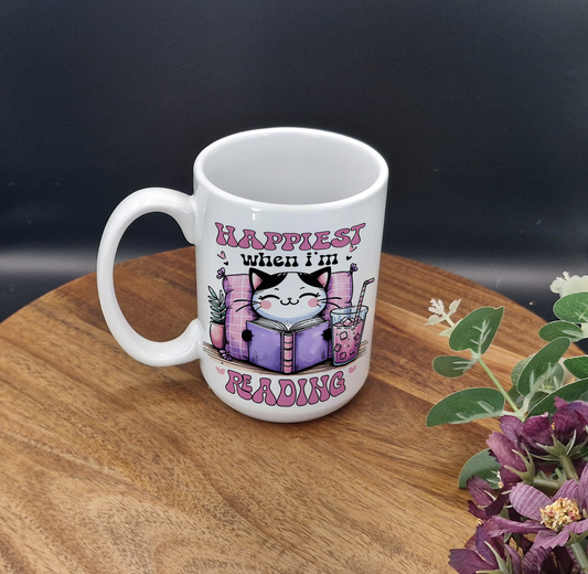 15oz Ceramic Mug (Happiest when reading cat ver)