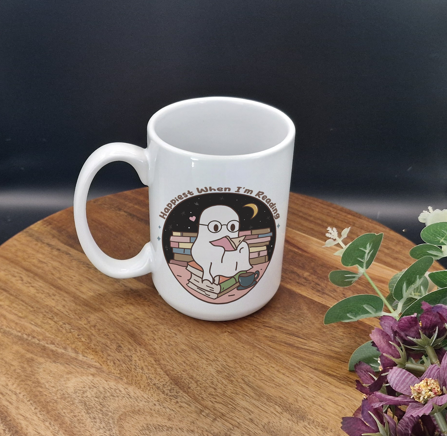 15oz Ceramic Mug (Happiest when reading ghost ver)