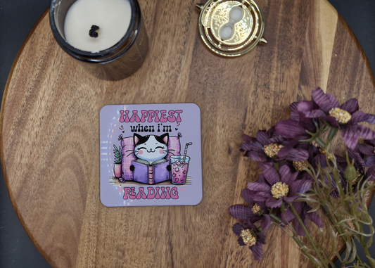 Hard Coaster 8.9cmx8.9cm (Happiest when reading cat ver)