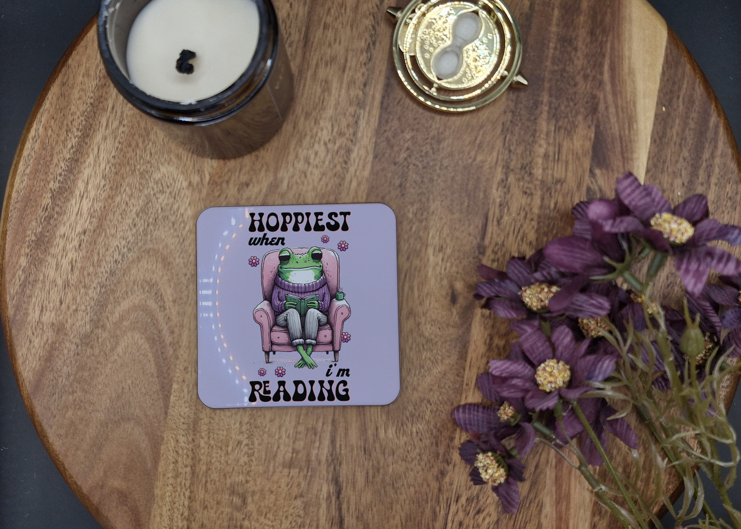 Hard Coaster 8.9cmx8.9cm (Happiest when reading frog ver)