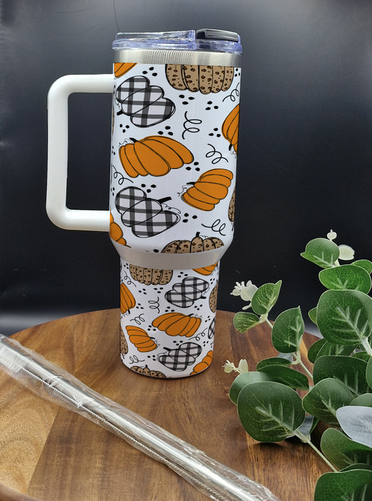 40oz Stanley Style Travel Mug (Plaid and patterned pumpkins ver)