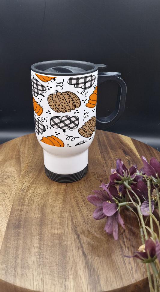 14oz Stainless Steel Thermos Mug with Black Handle (Plaid and patterned pumpkin ver)