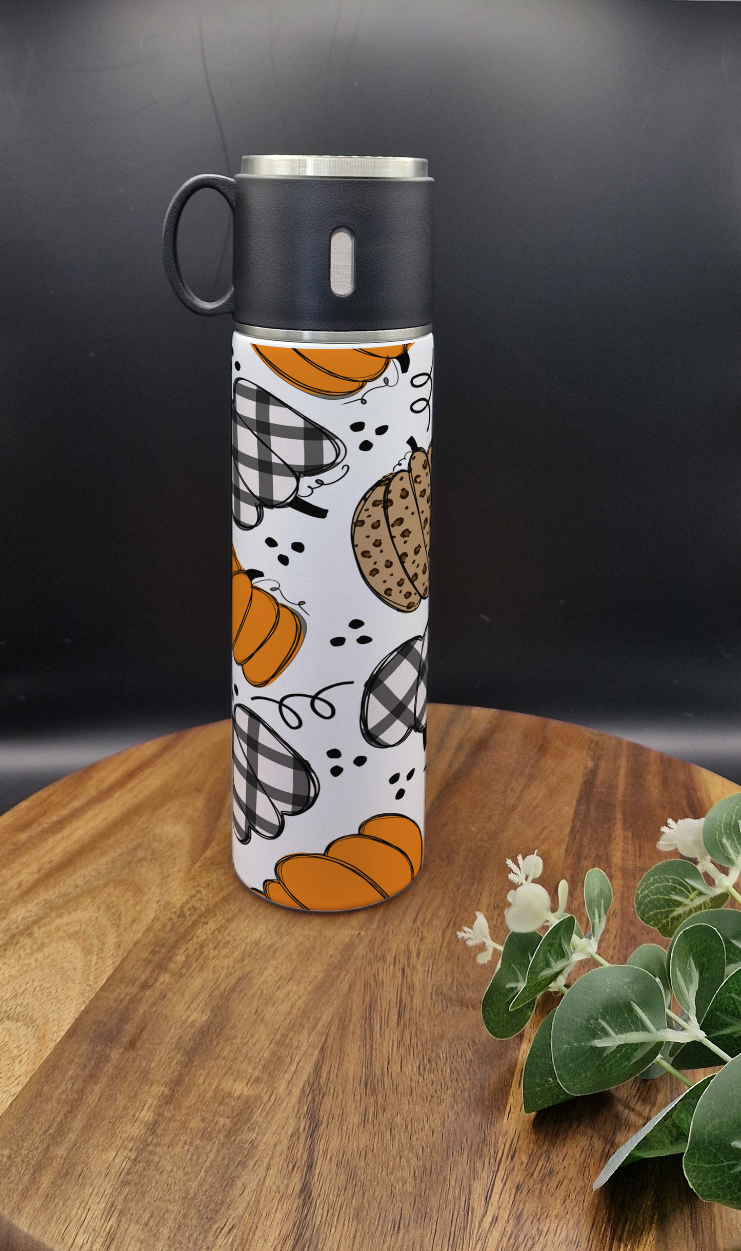 500ml Stainless Steel Thermos Bottle and Cup (Plaid and Patterned Pumpkin ver)