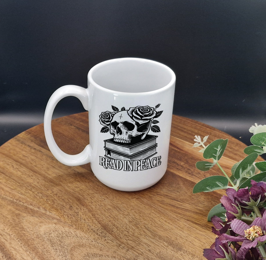 15oz Ceramic Mug (Read in peace skull ver)