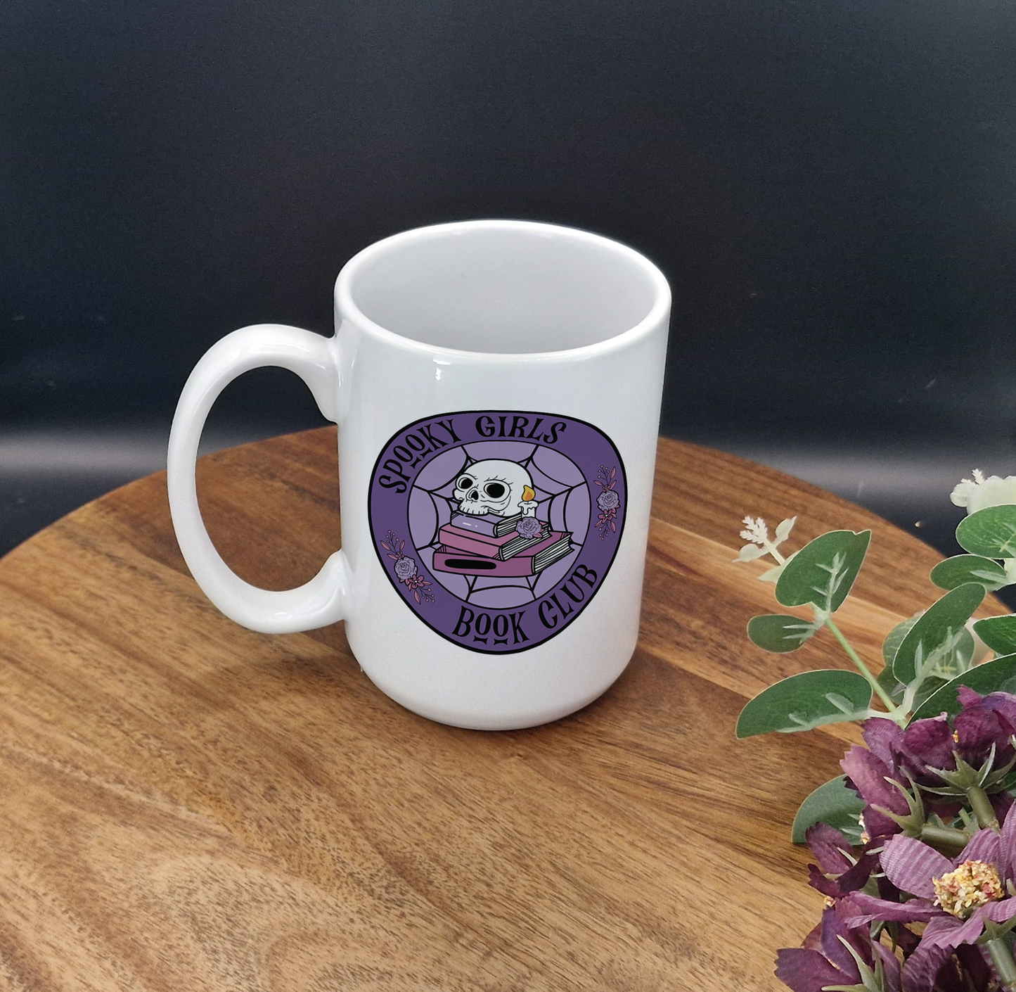 15oz Ceramic Mug (Spooky girls book club skull ver)