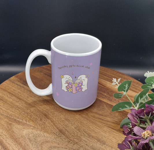 15oz Ceramic Mug (Spooky girls book club ghosts reading purple ver)