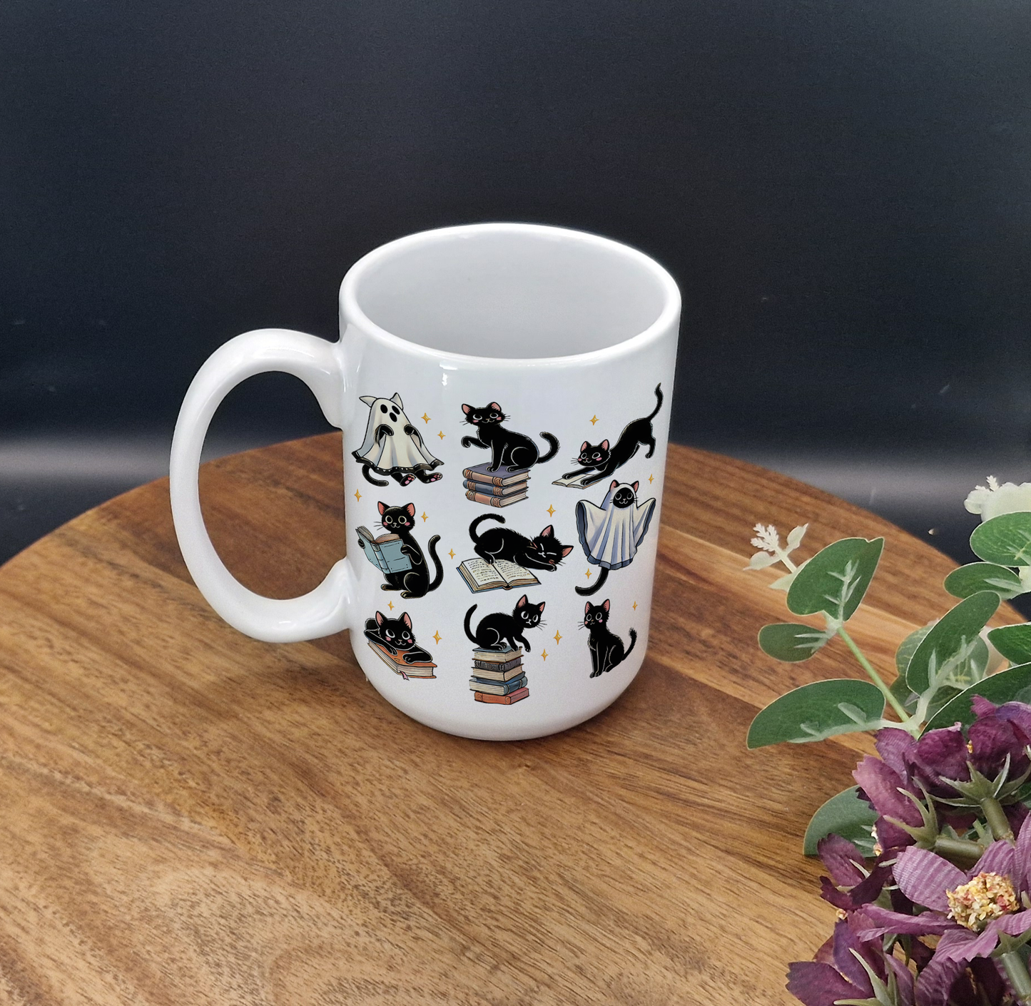 15oz Ceramic Mug (Spooky black cat, ghost cat ver)