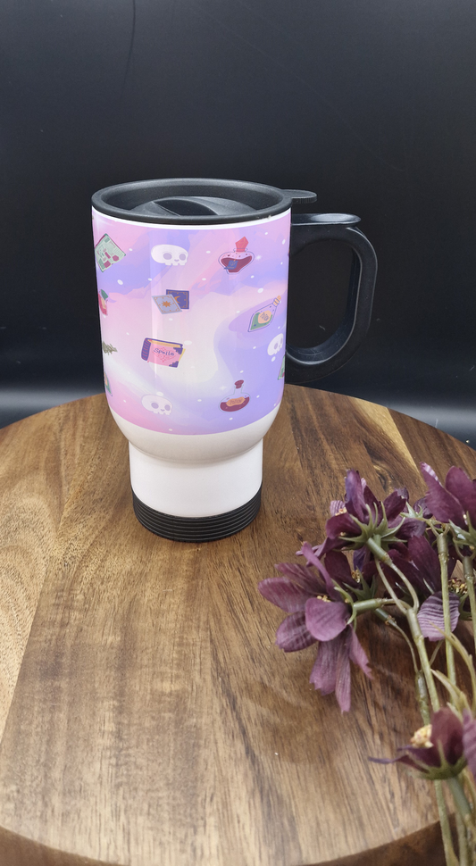 14oz Stainless Steel Thermos Mug with Black Handle (Witchy, pastel, goth, potions, spellbooks purple ver)