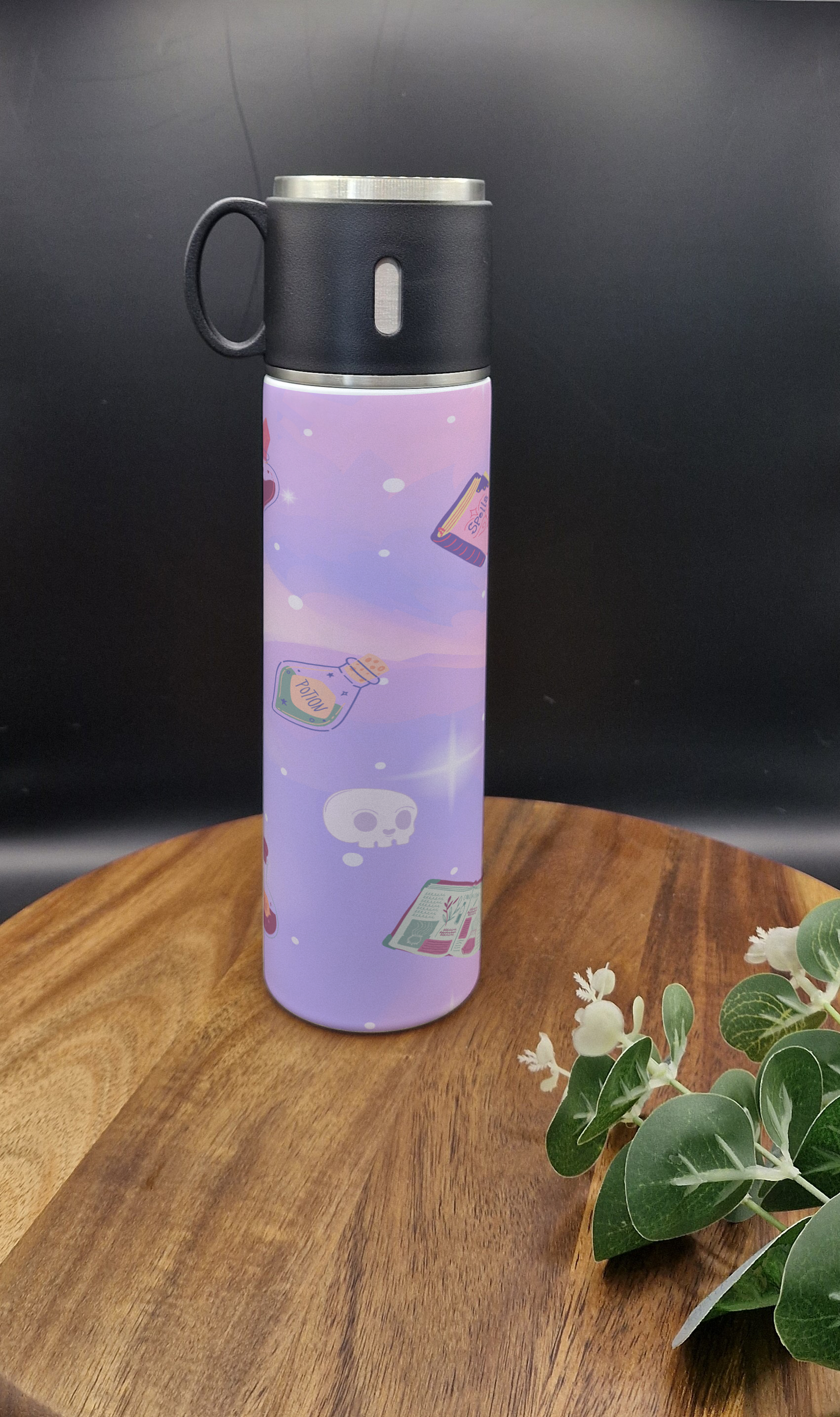 500ml Stainless Steel Thermos Bottle and Cup (Witchy, pastel, goth, potions, spellbooks purple ver)