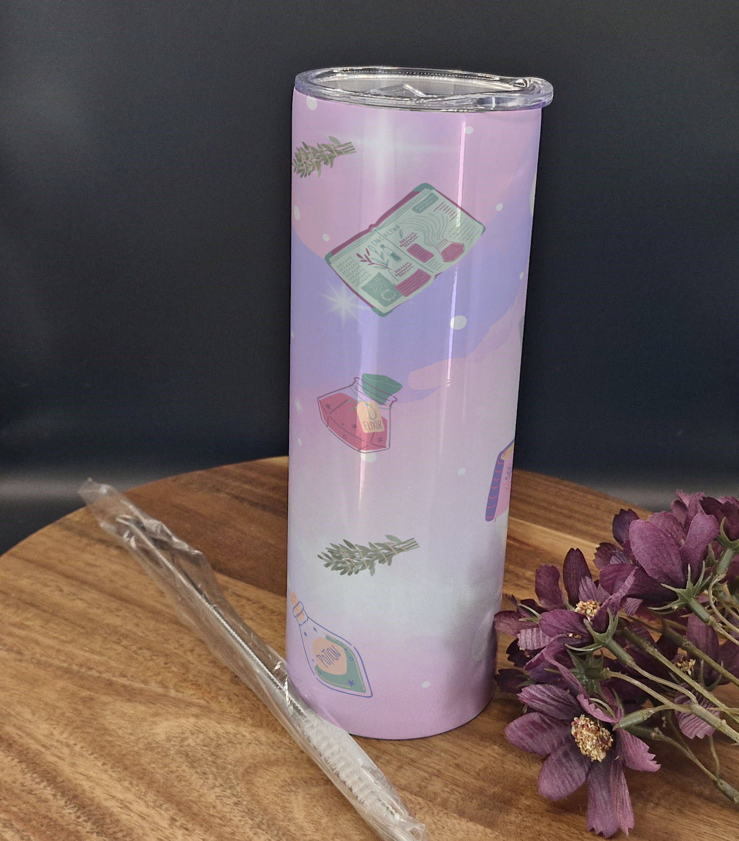 20oz Stainless Steel Tumbler (Rainbow Holographic Effect) (Witchy, pastel, goth, potions, spellbooks purple ver)