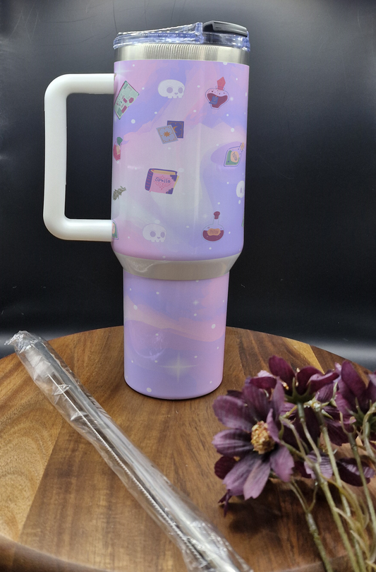 40oz Stanley Style Travel Mug (Witchy, pastel, goth, potions, spellbooks purple ver)